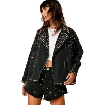 Sleek Black Embellished Denim Biker Jacket – Women Large