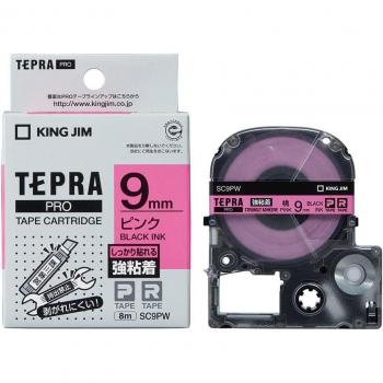 Tepra PRO King Jim rollcartouche – krachtige kleefkracht, 9 mm roze letters, 8 m, SC9PW authentiek, zwart label