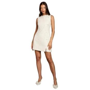 Bow‑Adorned Sequin Boucle Shift Dress in Ivory
