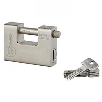 Lucchetto monoblocco rettangolare Thor in acciaio temprato per serranda, arco in acciaio 94mm con 5 chiavi reversibili