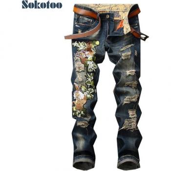 Pantalon slim homme, jean déchiré avec broderie, denim tendance