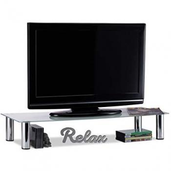 Rectangular Glass TV Stand with Chrome-Plated Legs, Relaxdays, 100x35x17 cm, White/Silver