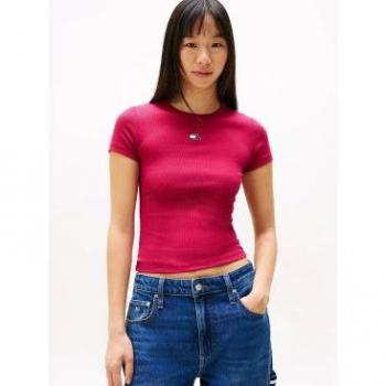 Dunkelrotes Damen-Rippshirt mit Badge von Tommy Jeans – S