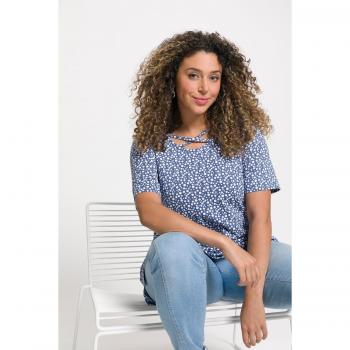 Tunica in cotone blu con pois, scollo girocollo, maniche corte, Donna, Taglia 60/62