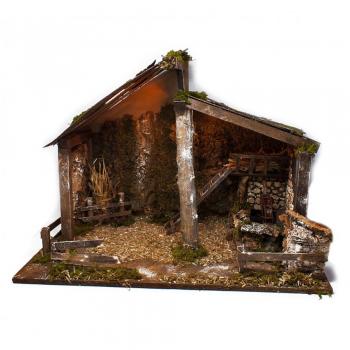 Capanna Presepe con Luci e Mulino ad Acqua 60x35 cm