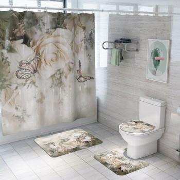 Baño Azul Floral – Alfombra y Cortina