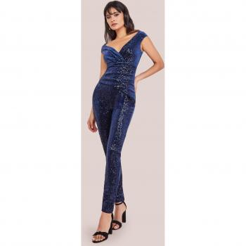 Goddiva Navy Sequin Velvet Bardot Jumpsuit