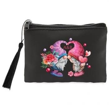 Porte-monnaie et porte-clés noir Taperso avec motif de gnom, personnalisable avec vos initiales pour la Saint-Valentin