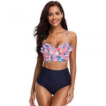 Bikini SHEKINI de Mujer, Nuevo Estilo con Top de Hoja de Loto y Shorts de Cintura Alta (M, Camarón Rojo)