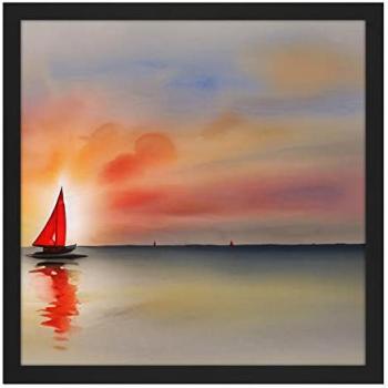 Evening Tide: Vibrant Red Sailing Boat – 16x16 Watercolor Wall Art