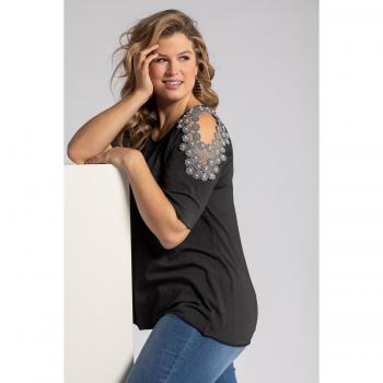 T-shirt in pizzo con perline, spacchi laterali, mezze maniche, Donna, Nero, Taglia: 60/62, Cotone