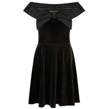 Black Velvet Skater Dress with Sparkling Bow Neckline – UK 16