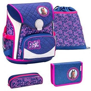 Belmil Schulranzen Set 4-teilig für Mädchen mit Pferdemotiv, Blau/Pink