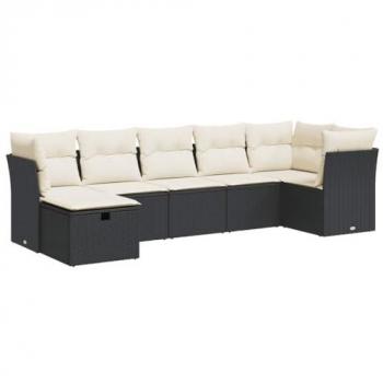 7-Piece Black Poly Rattan Garden Sofa Set with Cushions