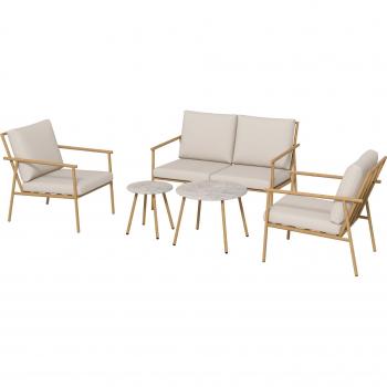 Outsunny Salotto Esterno con Divano, 2 Poltroncine e 2 Tavolini Effetto Bambù con Cuscini, Marrone