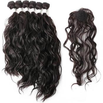 Dark Brown Natural Wave Synthetic Hair Bundle Set with Closure