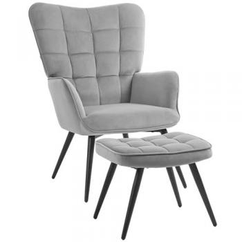HOMCOM Samtoptik Sessel mit Fußhocker grau