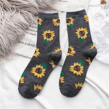 Calcetines de algodón color caramelo para mujer, con estampado de girasol, estilo coreano