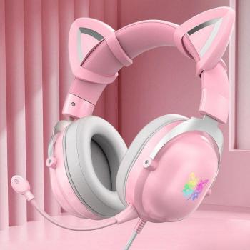 Auriculares Onikuma con orejas de gato, micrófono y luz LED, modelo X11, rosa