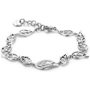 Braccialetto Leaves of Life di Bro Sway in acciaio e cristalli con chiusura a pulsante, modello BVS11 Silver
