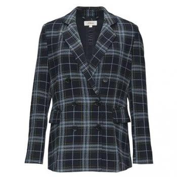 Jackenblazer S.OLIVER, Damen, Gr. 42, blau (blau check), Twill, Obermaterial: 70% Polyester, 28% Viskose, 2% Elasthan. Futter: 100% Polyester, kariert, casual, regular fit Po-bedeckend, ohne Ausschnitt, Blazer, mit Karo Muster