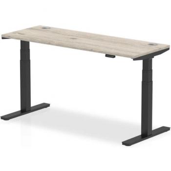 Air Electric Height Adjustable Sit Stand Desk with Grey Oak Top, Cable Ports, and Black Legs