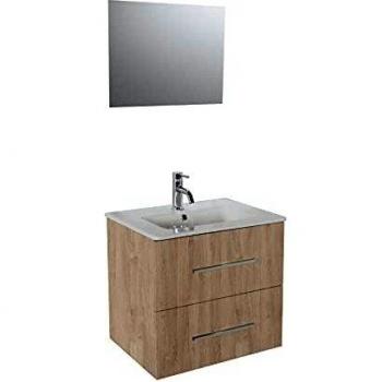 Tanaro Ondée : cabinet suspendu 60 cm, mélamine bois, double tiroir, surface céramique, vasque mono‑fonction
