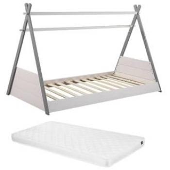 Lit tipi SIOUX 90 x 190 cm en pin blanc et gris avec matelas pour enfant