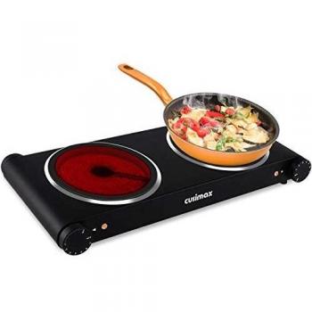 CUSIMAX Doppelkochplatten 2400W – Infrarot‑Hitze, 18 × 18 cm Glas‑Kristall, Überhitzungsschutz, Schwarz