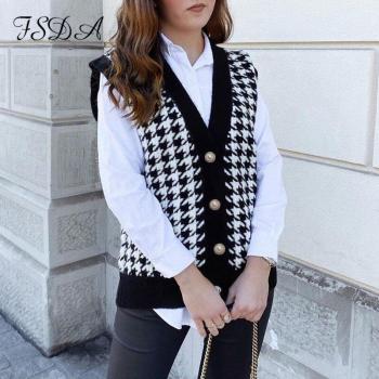 Loose Fit Black Houndstooth V Neck Sleeveless Sweater for Women