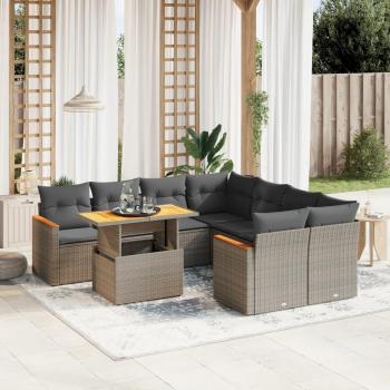 9-Piece Grey Poly Rattan Patio Sofa Set with Cushions