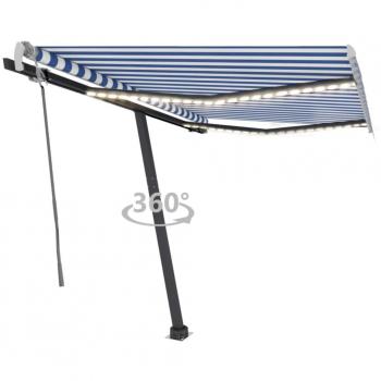 Auvent de jardin manuel rétractable avec LED 300x250 cm bleu et blanc