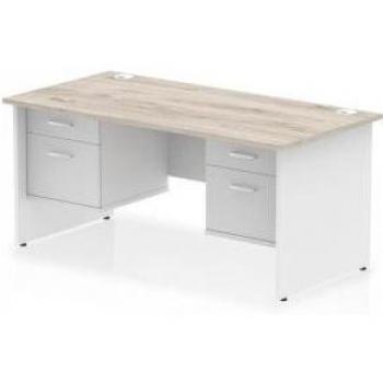 Impulse 1600×800mm Bench‑Style Desk – Grey Oak Top, White Panel Ends, 2×2 Drawer, Fixed Pedestal