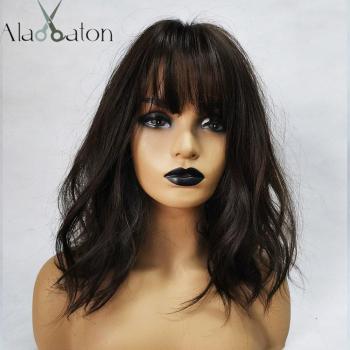 Heat Resistant Medium Wavy Black Brown Women's Bobo Wig with Bangs