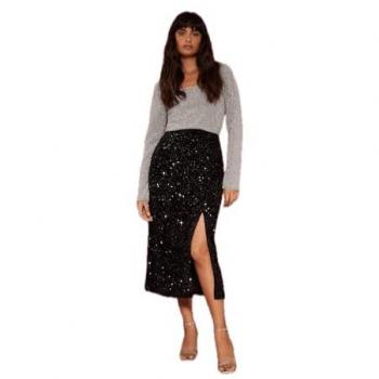 Black Velvet Sequin Midi Skirt for Women