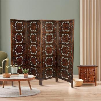 4 Panel Wooden Room Divider with Hand Carved Stag Design