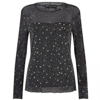 Mela London Womens Black Mesh Star Print Long Sleeve Top