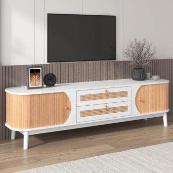 Mobile TV Modfu 170x39,5x46 cm – 2 cassetti, 2 ante in rattan – finitura bianca e legno naturale