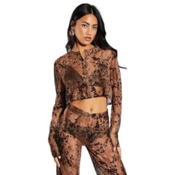 Taupe Floral Devore Mesh Long Sleeve Collarless Shirt