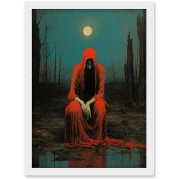 Full Moon Barren Realm with Charon in Red Cloak – Framed A4 Print, White Frame Option
