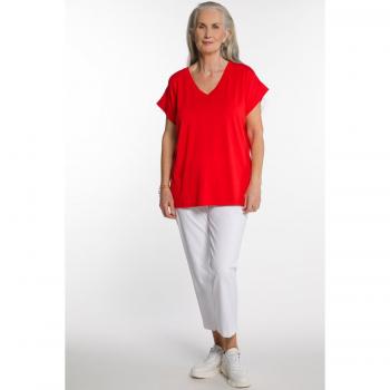 T-shirt aderente in crêpe con scollo a V, corta, Donna, Rosso, Taglia 56/58, Viscosa