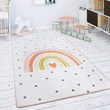 Kinderteppich Regenbogen Herz Creme Rosa 80x150 cm