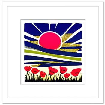 Red Poppy & Indigo Sky Painting – 8″ × 8″ Abstract Framed Picture