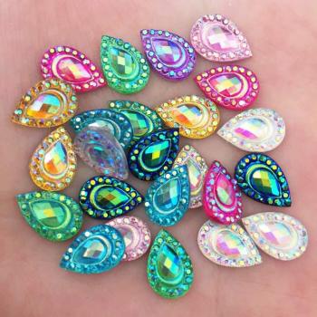 100PCS AB Resin 7*12mm Peacock Teardrop Flatback Rhinestones for Weddings DIY Appliques SK21