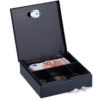 Cassetta per Monete e Banconote, Portavalori in Acciaio con 2 Chiavi, 5x17,5x17 cm, Nera