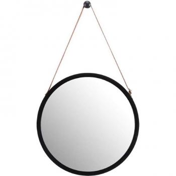 15 Inch Round Wall Mirror in Bamboo with Adjustable Leather Strap (Bathroom/Bedroom, Black)