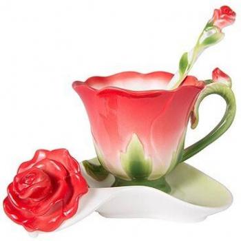 Valentine's Day 3D Rose Enamel Ceramic Cup and Saucer Set