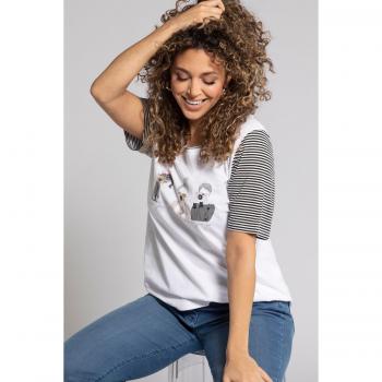 T-shirt a righe con stampa di fotocamere, scollo a girocollo, Donna, Bianco, Taglia 52/54, Cotone/Viscosa