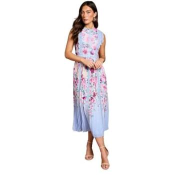 Blue Coast Patterned Pleated Midi Dress, Lace Edge