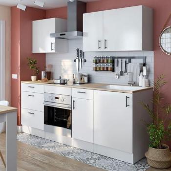 Set Completo Kira: 7 Módulos de Cocina, Cajones y Puertas Abatibles (Blanco/Roble)